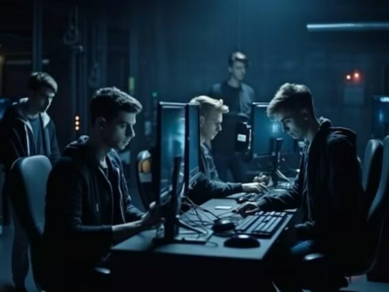 a group of focused young software developers working in a server center