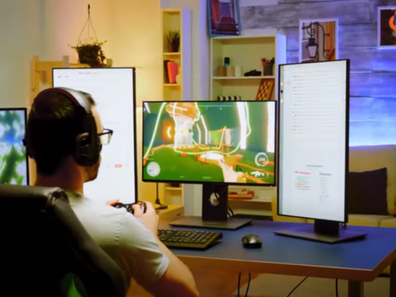 a man wearing headphones in front of a computer with three monitors