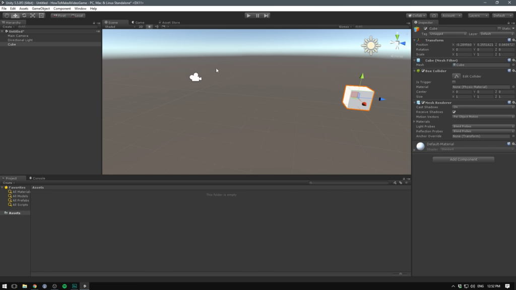 a screenshot from youtube tutorial on how to create a cube in unity