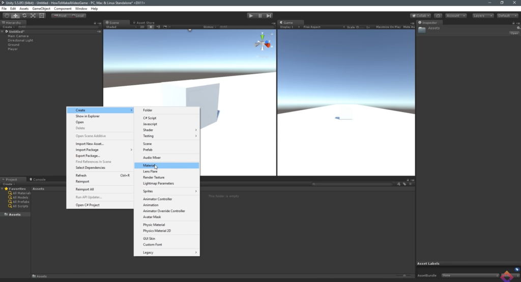 a screenshot from youtube tutorial on how to create a material of object in unity